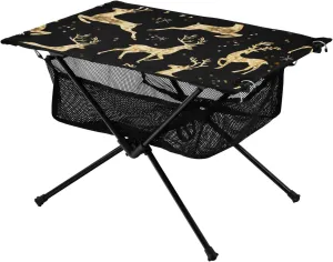 Bolaz Outdoor Folding Portable Picnic Camping Table-Gold Deer Print,Storage Mesh for Camping Gear Accessories, Hiking, Mountaineering, Outdoor Travel