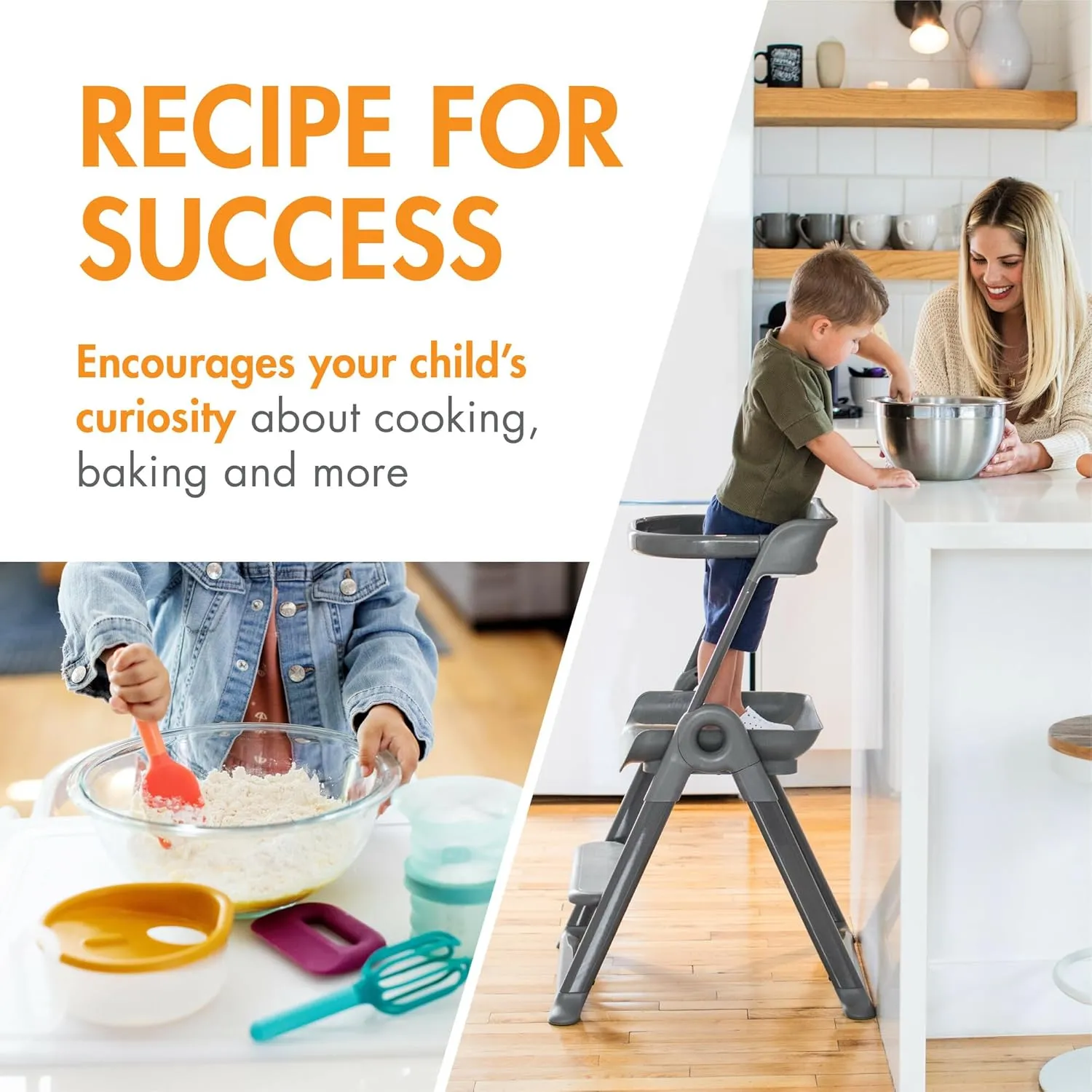 Boon Pivot Toddler Tower and Intro Kids Kitchen Accessories Bundle - Kids Cooking Set and Folding Step Stool - Gray - Kids Kitchen Set Includes Measuring Cup, Egg Cracker, Whisk, Chopper, and Spatula