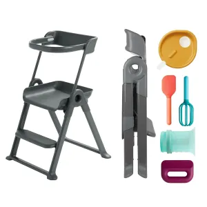 Boon Pivot Toddler Tower and Intro Kids Kitchen Accessories Bundle - Kids Cooking Set and Folding Step Stool - Gray - Kids Kitchen Set Includes Measuring Cup, Egg Cracker, Whisk, Chopper, and Spatula
