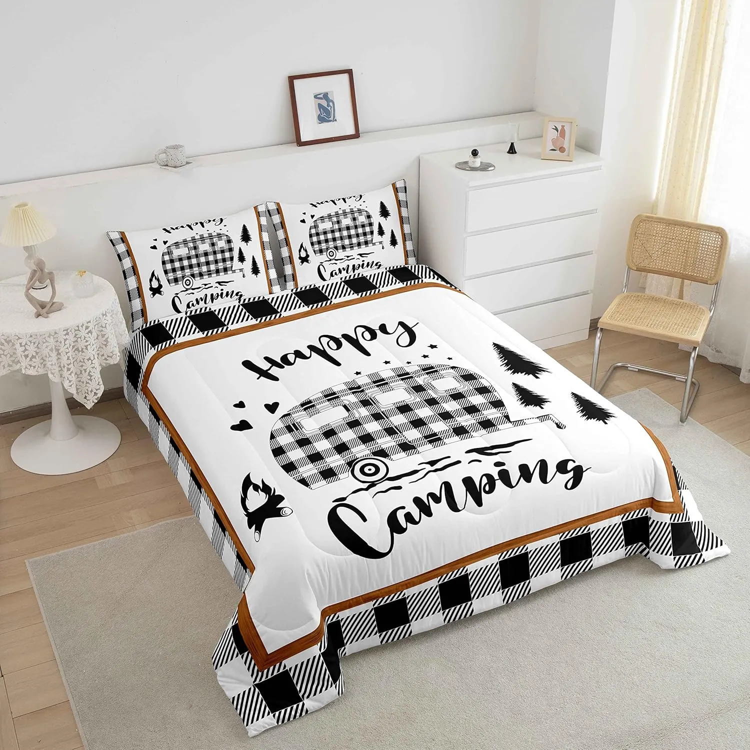 Boys Happy Camping Queen Size Comforter Set Kids Camper Decor All Season Bedding Set Girls Teens Rustic Farmhouse Comforter Camping Car Decor Geometric Quilt Set Bedroom Collection 3Pcs,White Black