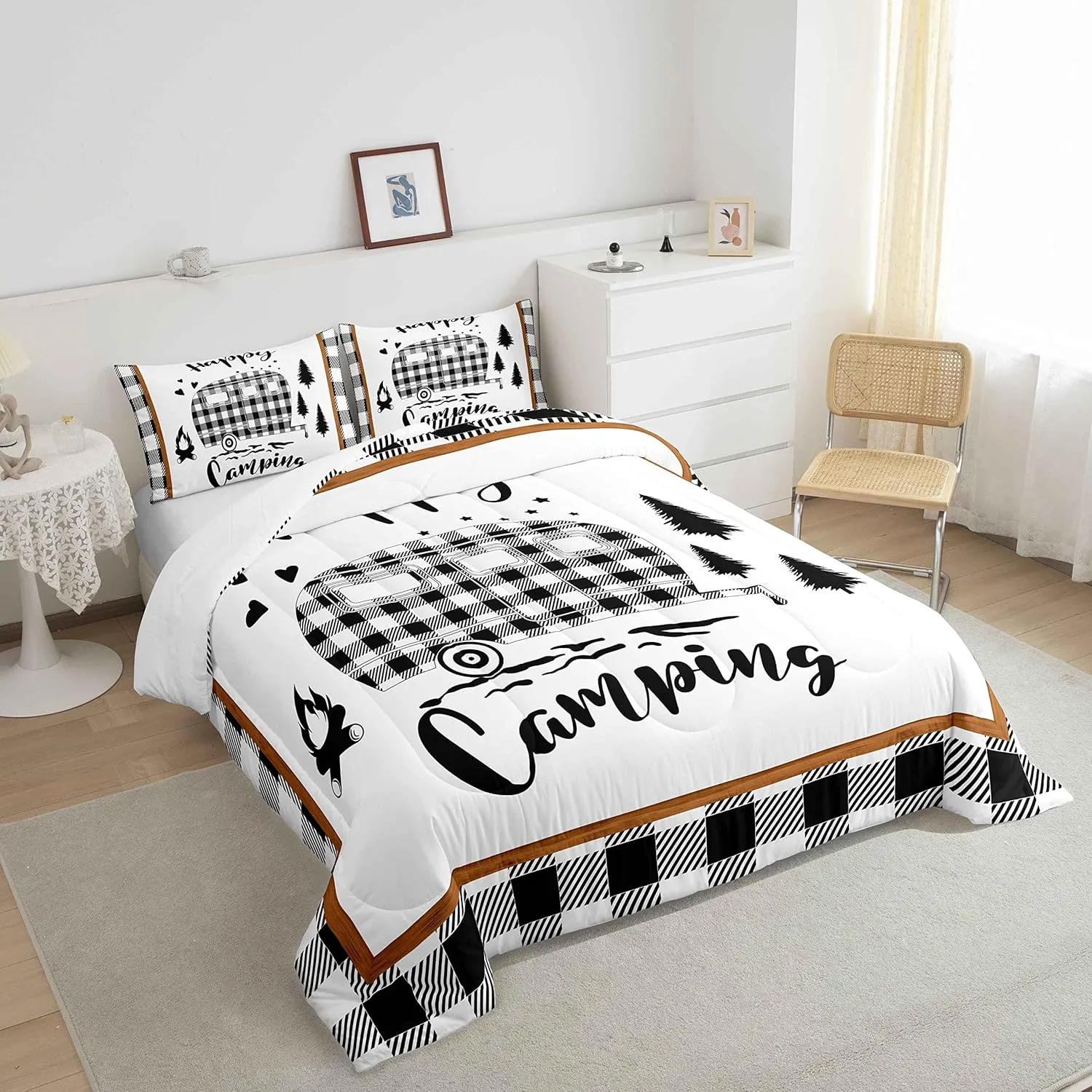 Boys Happy Camping Queen Size Comforter Set Kids Camper Decor All Season Bedding Set Girls Teens Rustic Farmhouse Comforter Camping Car Decor Geometric Quilt Set Bedroom Collection 3Pcs,White Black