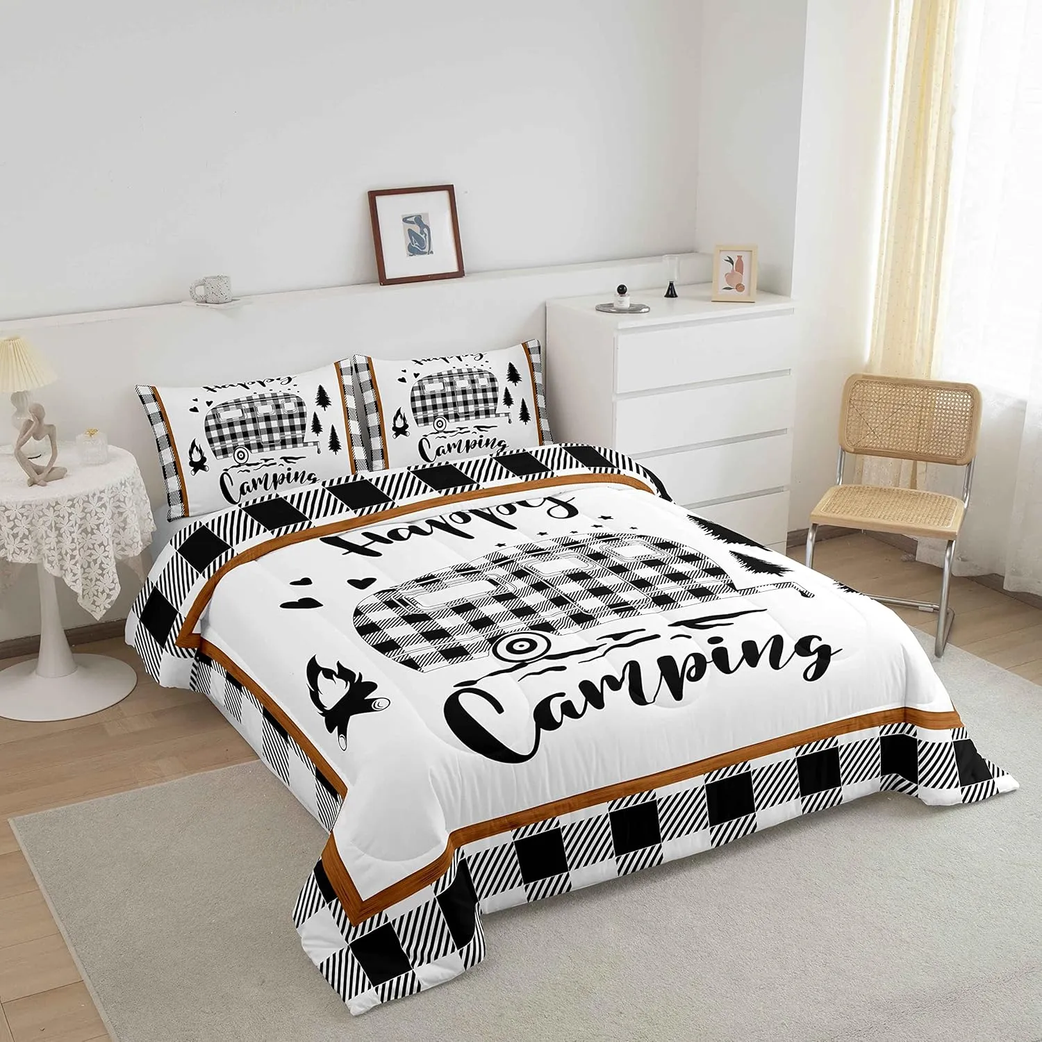 Boys Happy Camping Queen Size Comforter Set Kids Camper Decor All Season Bedding Set Girls Teens Rustic Farmhouse Comforter Camping Car Decor Geometric Quilt Set Bedroom Collection 3Pcs,White Black