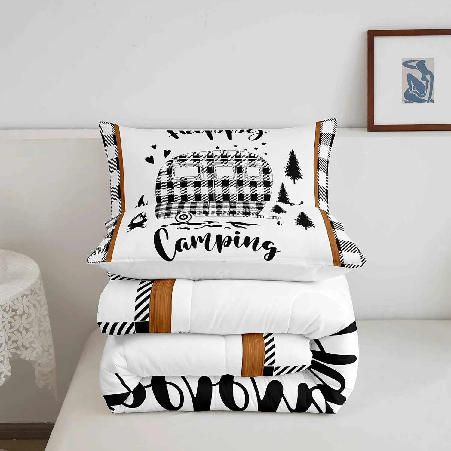 Boys Happy Camping Queen Size Comforter Set Kids Camper Decor All Season Bedding Set Girls Teens Rustic Farmhouse Comforter Camping Car Decor Geometric Quilt Set Bedroom Collection 3Pcs,White Black