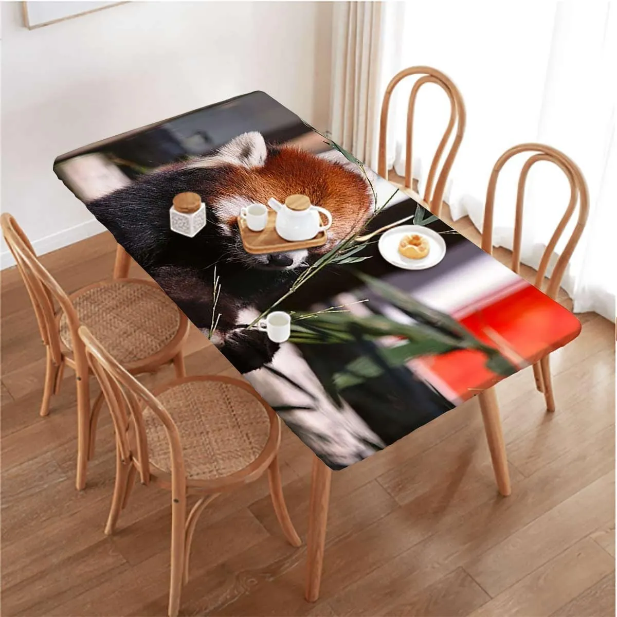 Brown Green Elastic Tablecloth for Indoors Outdoors Africa Panda Activity Eco Photo for Dining Tables,Buffet Parties and Camping Jungle Animals Fits up 4 Foot Tables