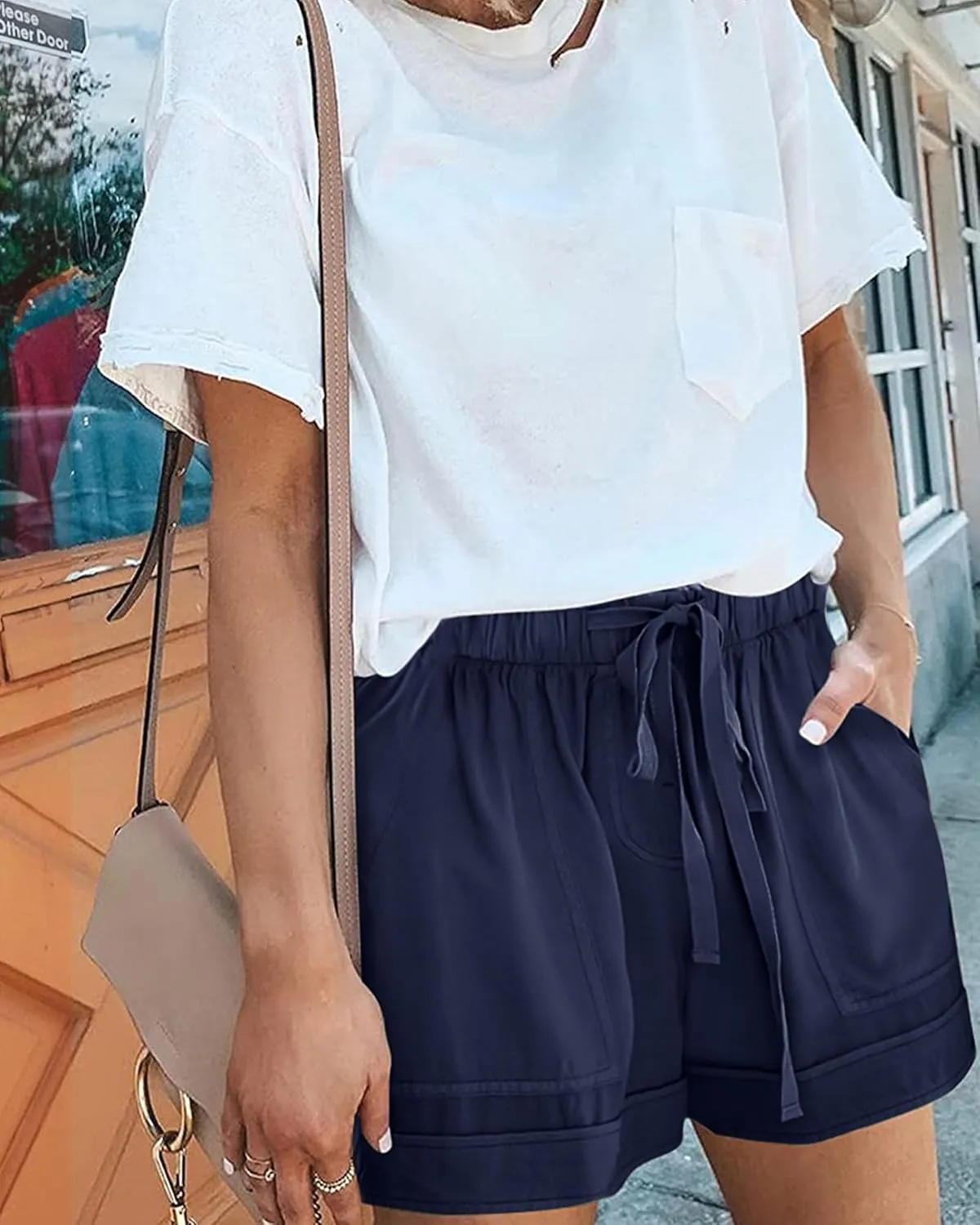 BTFBM Summer Shorts for Women 2025 Casual Elastic Waist Drawstring Lightweight Beach Lounge Short Pants Pockets