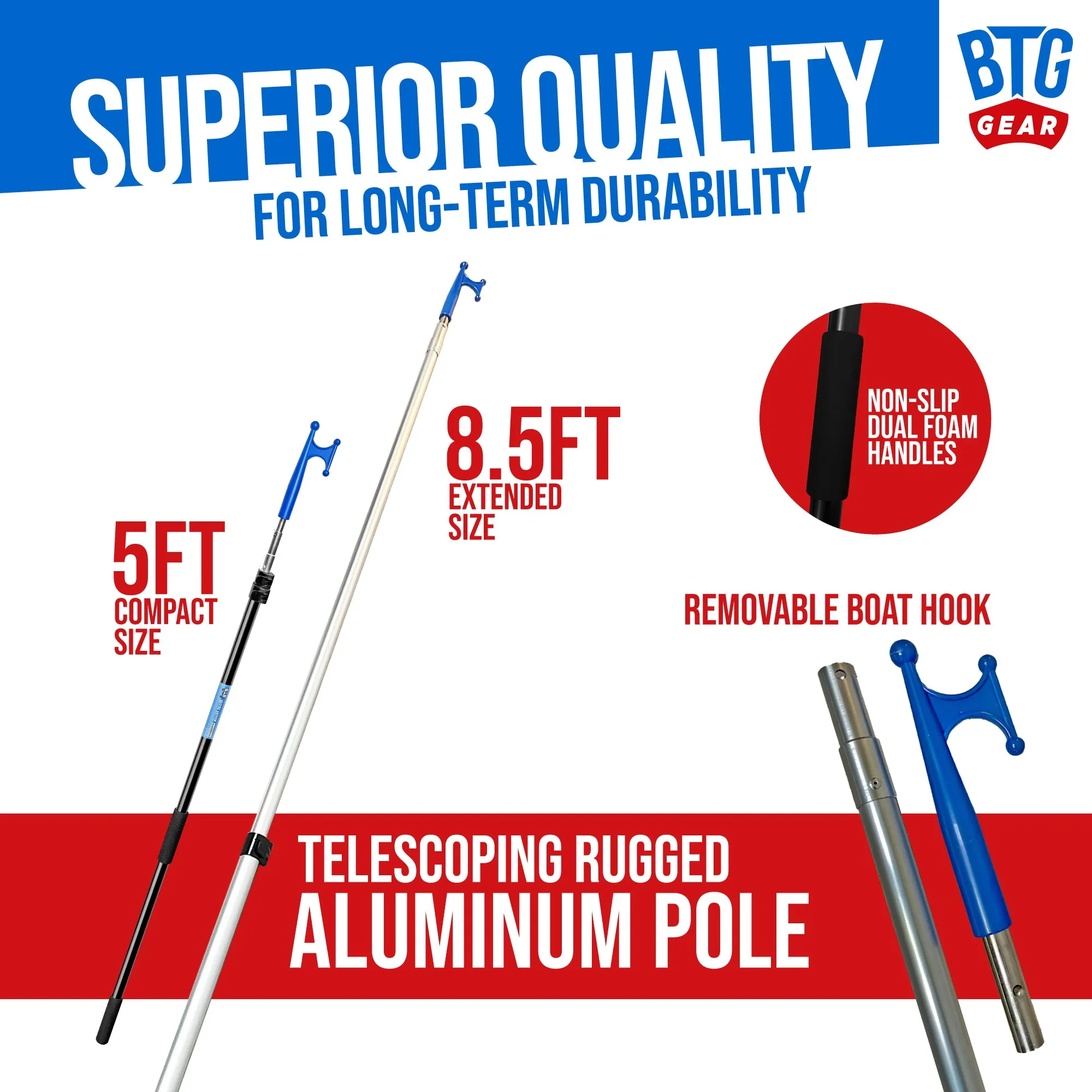 BTG Gear Telescoping Boat Pole w/ Hook for Docking, Floating, Extra-Strong Aluminum