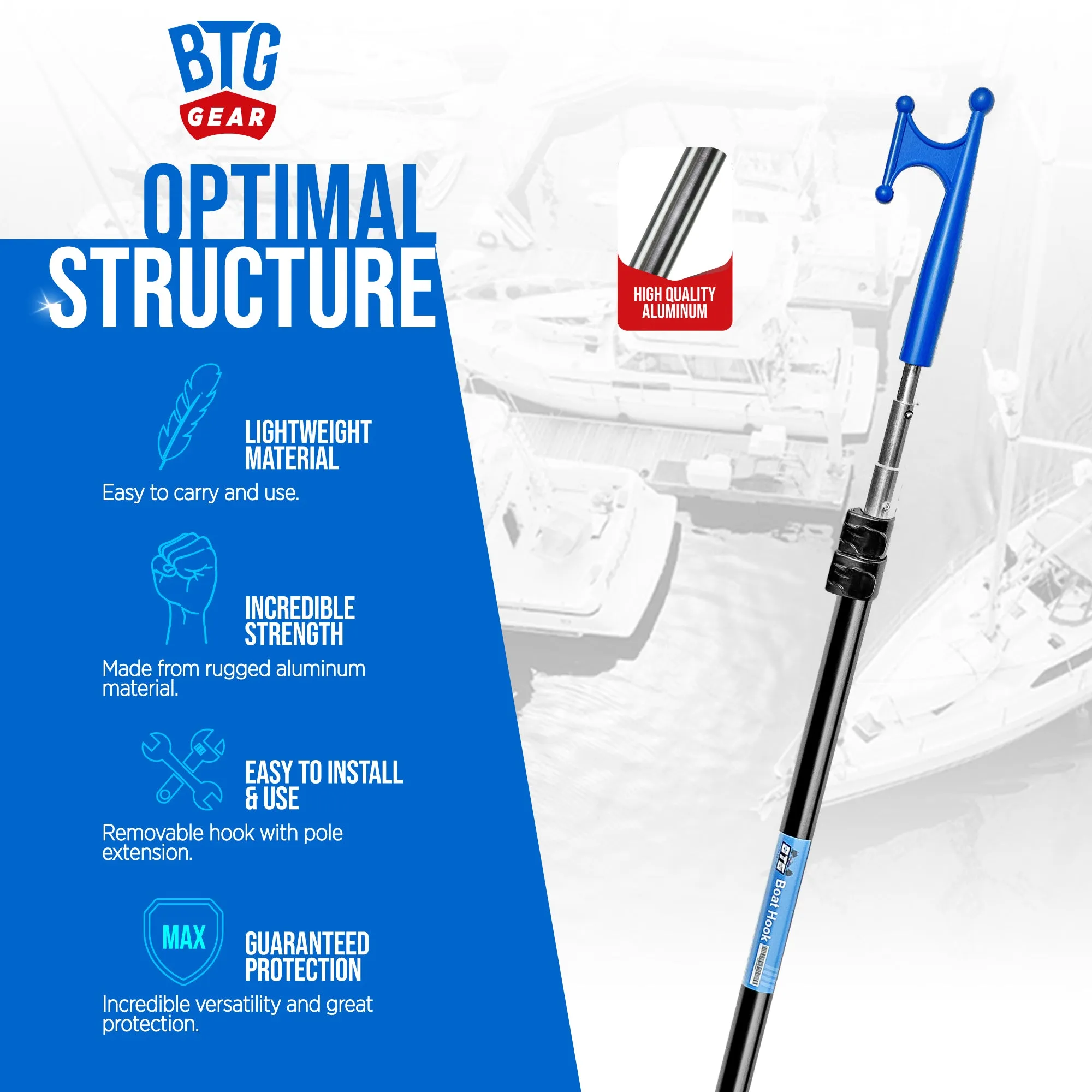 BTG Gear Telescoping Boat Pole w/ Hook for Docking, Floating, Extra-Strong Aluminum