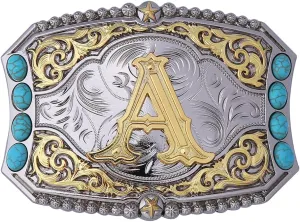 Btilasif Turquoise Belt Buckle Western Cowboy Rodeo Initial Letters ABCDEFG to Z Belt Buckle for Men