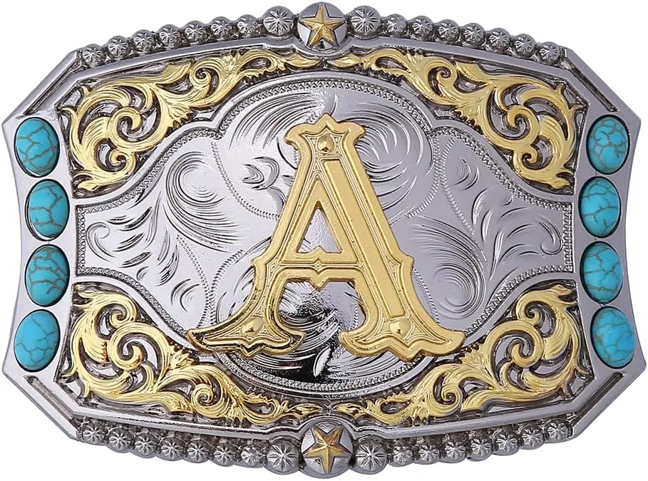 Btilasif Turquoise Belt Buckle Western Cowboy Rodeo Initial Letters ABCDEFG to Z Belt Buckle for Men