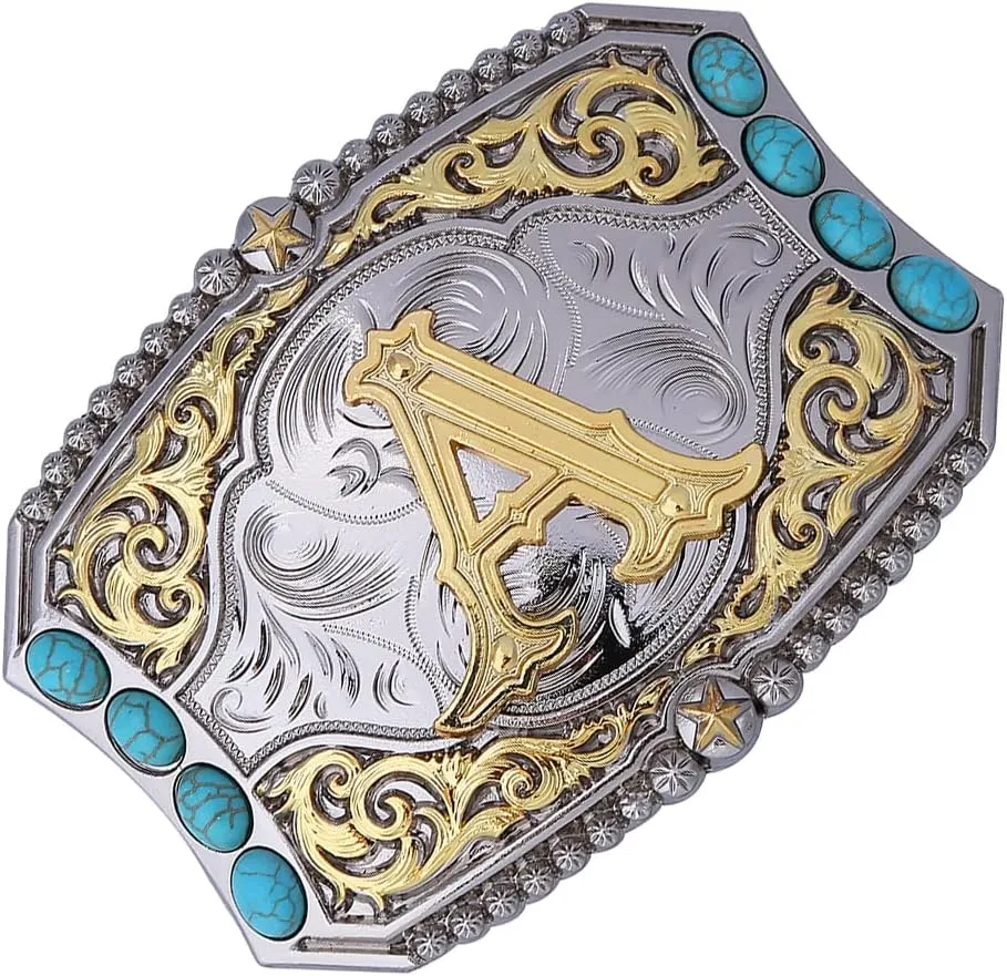 Btilasif Turquoise Belt Buckle Western Cowboy Rodeo Initial Letters ABCDEFG to Z Belt Buckle for Men