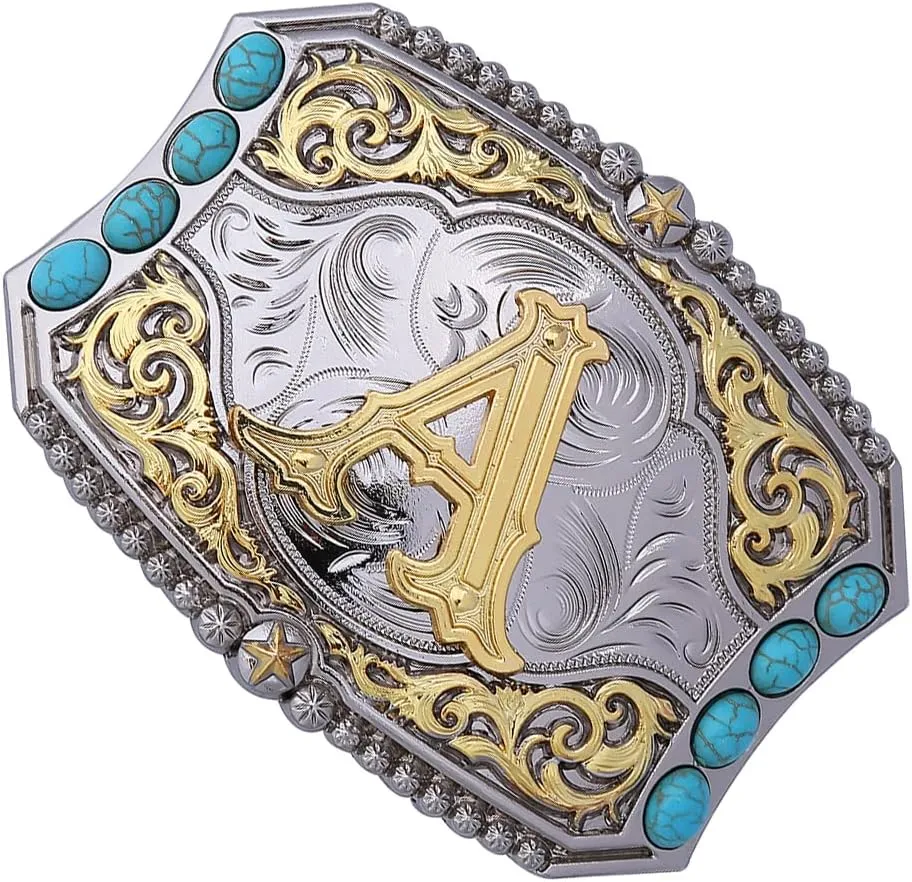 Btilasif Turquoise Belt Buckle Western Cowboy Rodeo Initial Letters ABCDEFG to Z Belt Buckle for Men