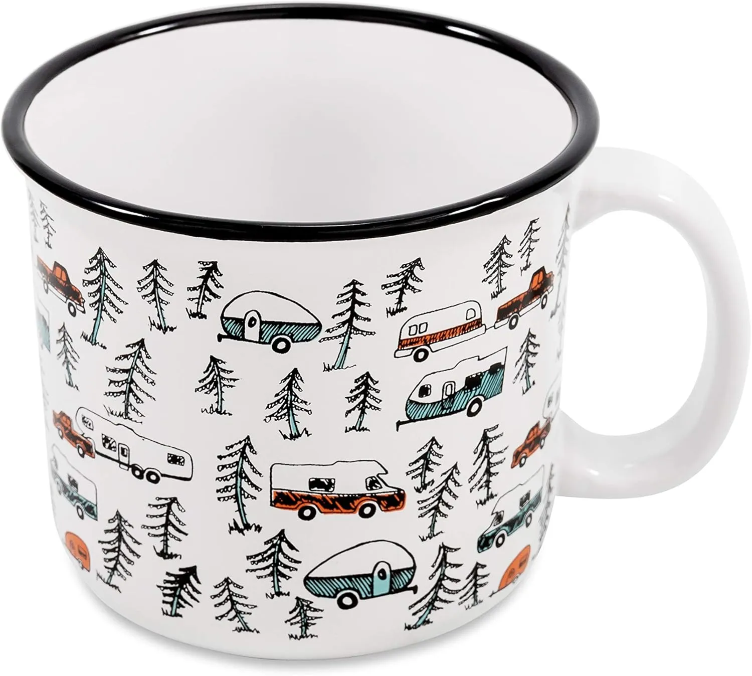 Camco Life is Better at The Campsite Ceramic Mug | Microwave and Dishwasher Safe | White Background with Sketched RVs Design | 14oz. (53383)