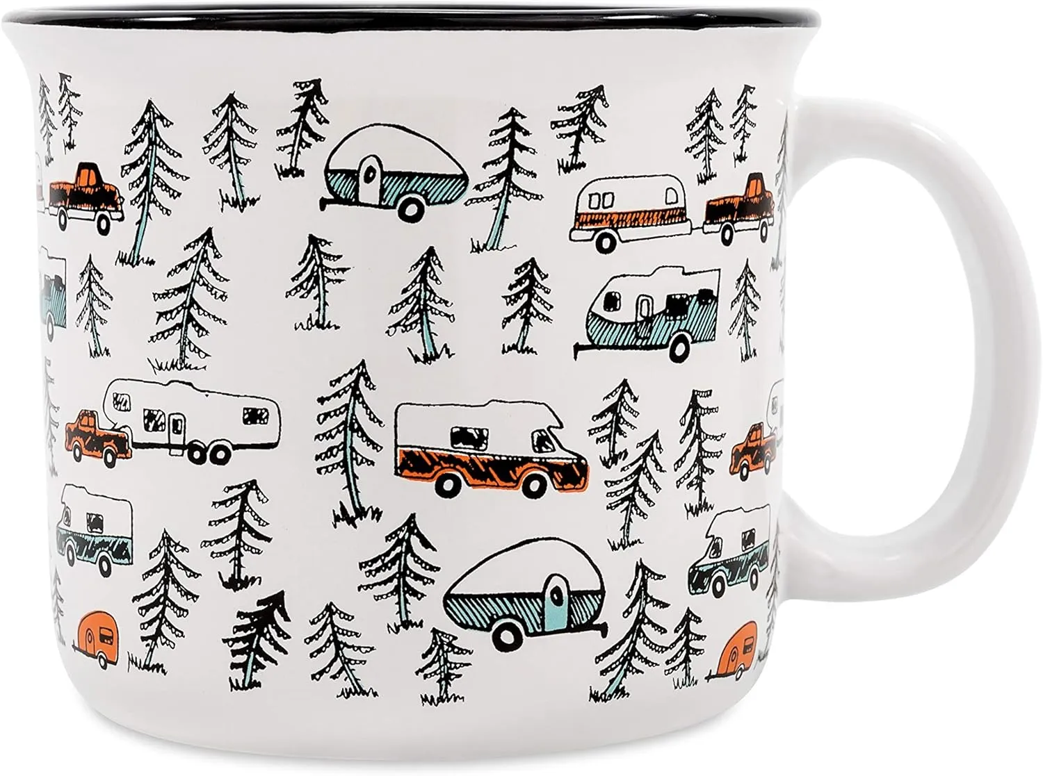 Camco Life is Better at The Campsite Ceramic Mug | Microwave and Dishwasher Safe | White Background with Sketched RVs Design | 14oz. (53383)