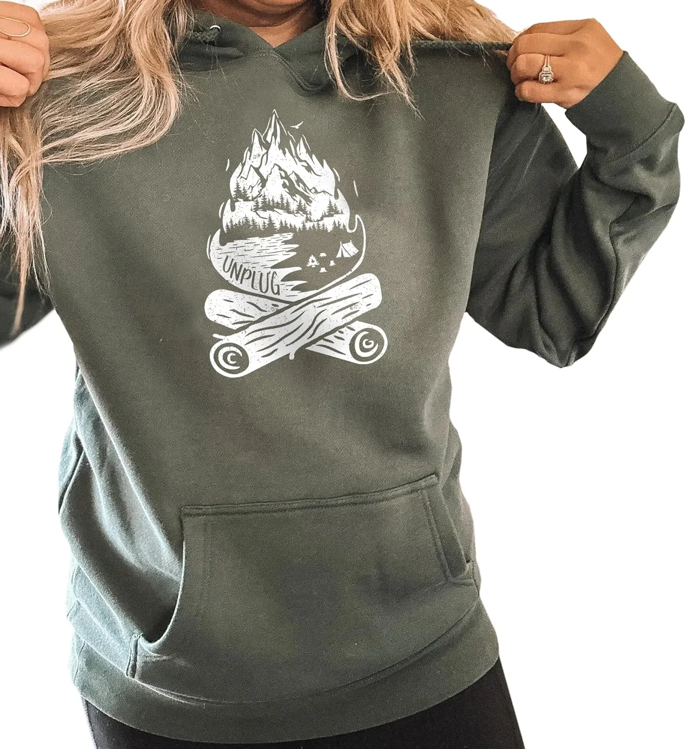 Campfire Mountain Premium Heavyweight Hooded Sweatshirt Men & Women Camping Unplug Hoodie Sweatshirt