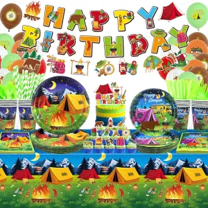 Camping Birthday Party Decoration - Camping Party Tableware, Plates Cups Napkins Camping Tablecloth Happy Birthday Banner Balloons Cake Toppers for Boy Camper Forest Picnic Adventure (banner)