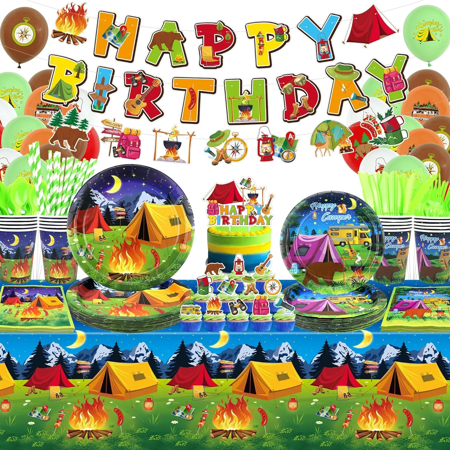 Camping Birthday Party Decoration - Camping Party Tableware, Plates Cups Napkins Camping Tablecloth Happy Birthday Banner Balloons Cake Toppers for Boy Camper Forest Picnic Adventure (banner)