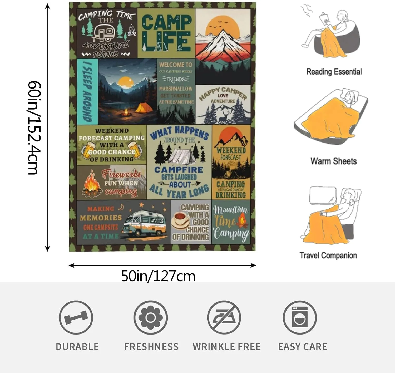 Camping Blanket, Camping Gifts for Women, Camper Accessories Blanket, Camp Gifts for Campers, Rv Gift for Women/Men, Camp Themed Blanket 50" X 60"