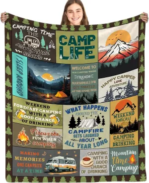 Camping Blanket, Camping Gifts for Women, Camper Accessories Blanket, Camp Gifts for Campers, Rv Gift for Women/Men, Camp Themed Blanket 50" X 60"