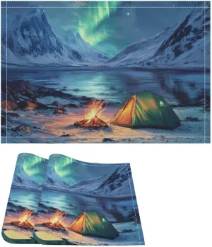 Camping in Northern Lights Linen Placemat Set of 4 Cloth Dining Table Place Mats Washable for Indoor Outdoor Use 18" X 12"