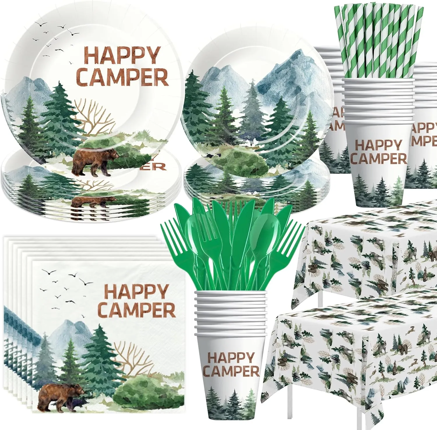 Camping Party Decorations Dinnerware - Happy Camper Birthday Party Supplies Include Plate, Cup, Napkin, Tablecloth, Cutlery, Straw, Camping Theme Adventure Party Supplies Tableware | Serve 24