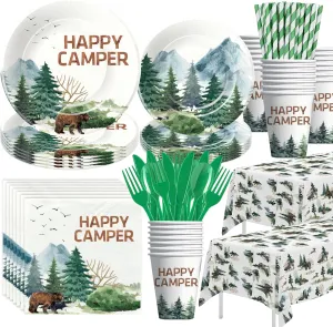 Camping Party Decorations Dinnerware - Happy Camper Birthday Party Supplies Include Plate, Cup, Napkin, Tablecloth, Cutlery, Straw, Camping Theme Adventure Party Supplies Tableware | Serve 24