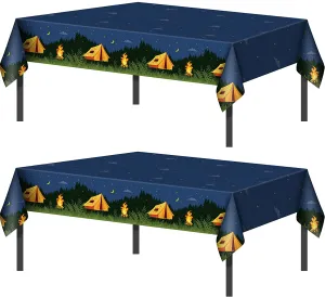 Camping Party Tablecloth Adventure Camp Out Design Plastic Rectangular Picnic Hiking Camper Tablecover for Campfire Forest Nature Birthday Party Decorations (2 Pieces)