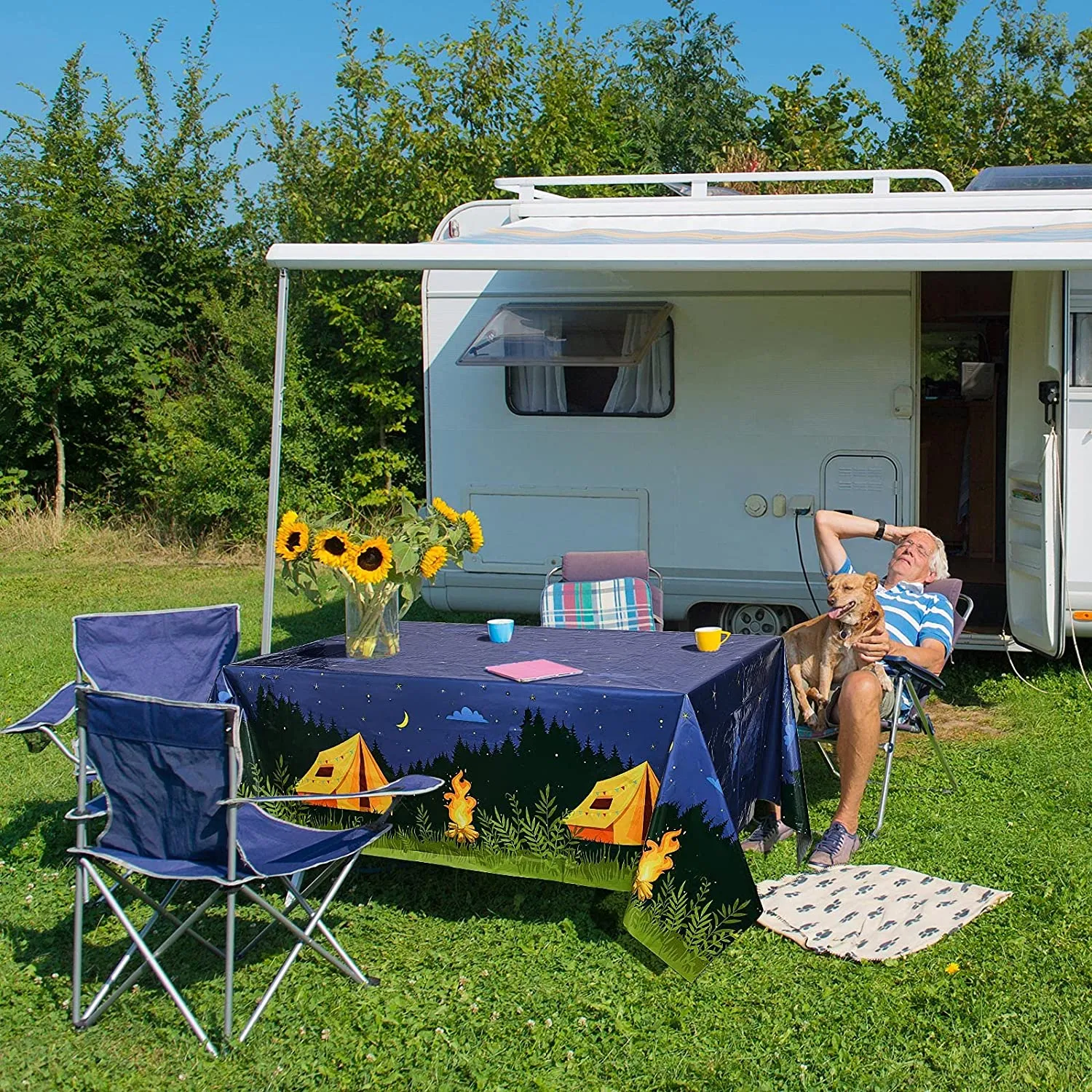 Camping Party Tablecloth Adventure Camp Out Design Plastic Rectangular Picnic Hiking Camper Tablecover for Campfire Forest Nature Birthday Party Decorations (2 Pieces)