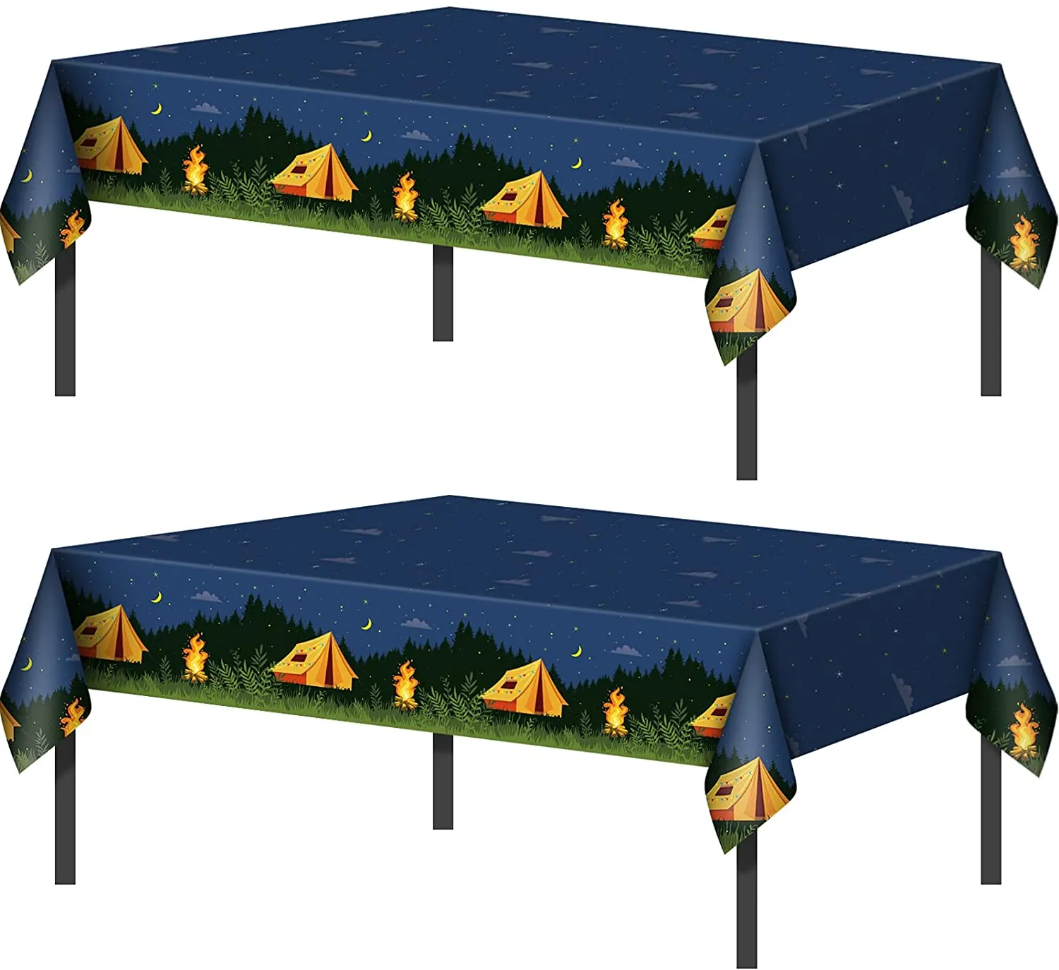 Camping Party Tablecloth Adventure Camp Out Design Plastic Rectangular Picnic Hiking Camper Tablecover for Campfire Forest Nature Birthday Party Decorations (2 Pieces)