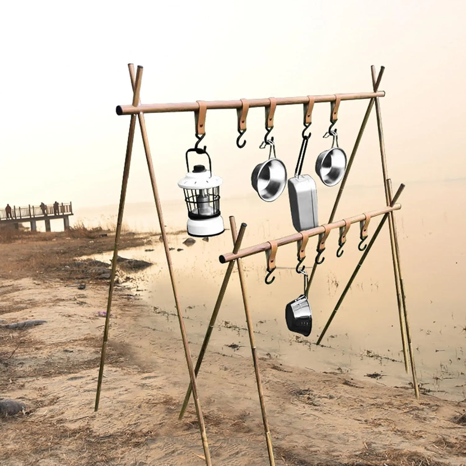 Camping Triangle Hanging Rack Aluminum Alloy Foldable Portable Campsite Storage Rack with 5 Hooks BBQ Grill Campfire Camping Stand for Outdoor Cooking Small Light Tools Hanging