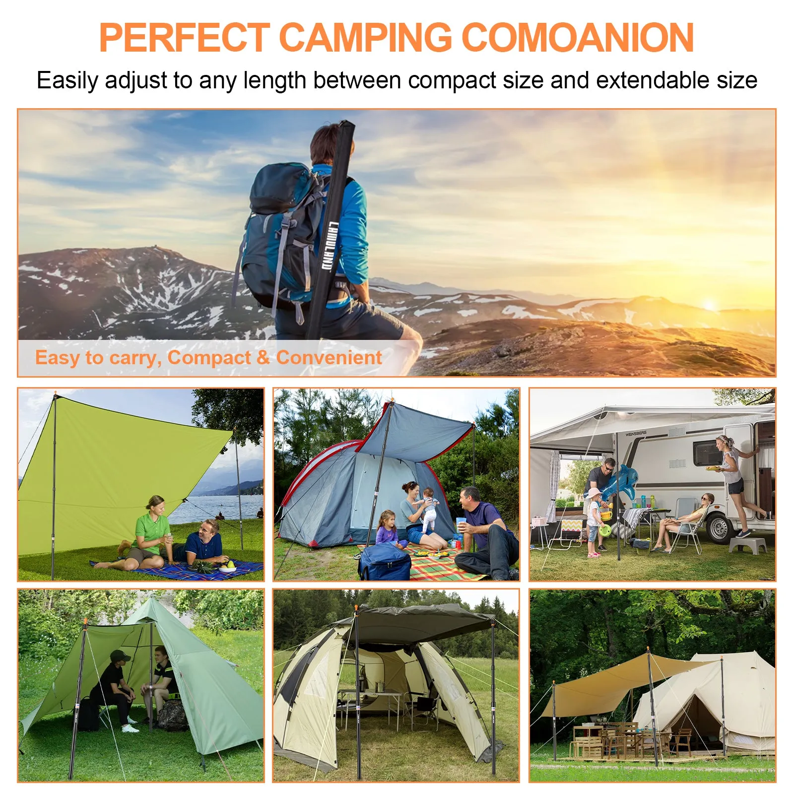 CAMULAND Tarp Poles, Adjustable Tent Poles with Non-Slip Cone Bottom, Telescoping Heavy Duty Tarp Poles Canopy Poles Aluminum