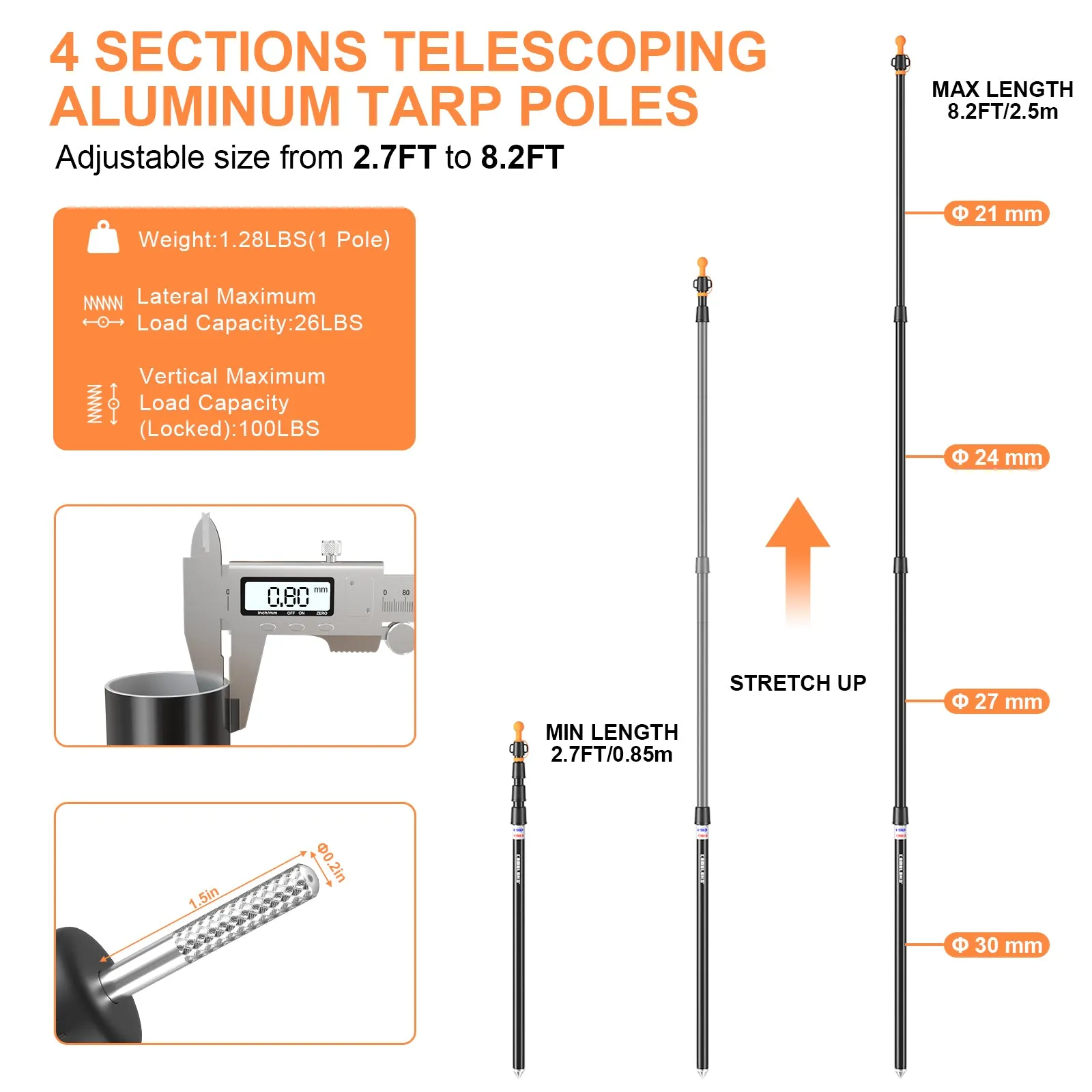 CAMULAND Tarp Poles, Adjustable Tent Poles with Non-Slip Cone Bottom, Telescoping Heavy Duty Tarp Poles Canopy Poles Aluminum