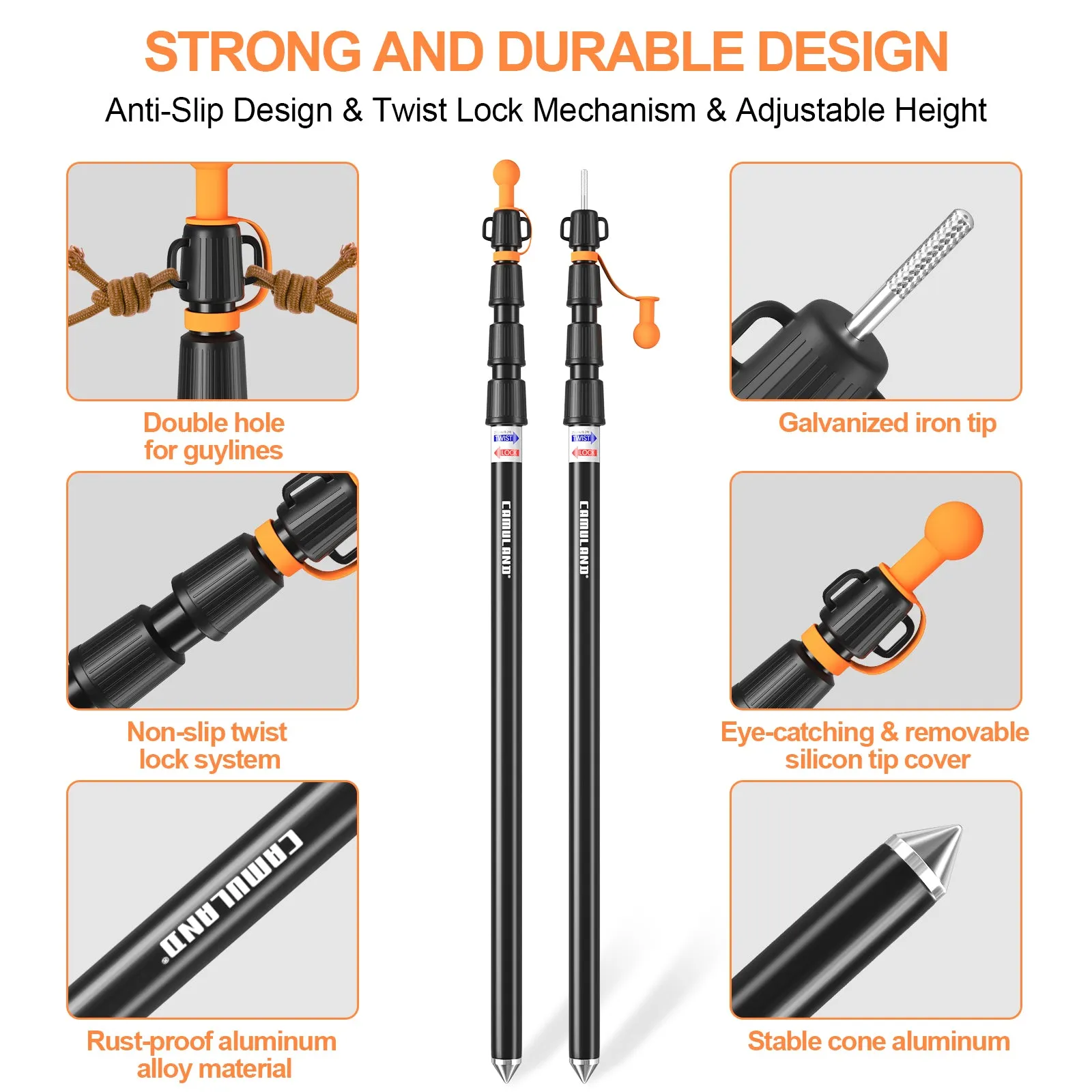 CAMULAND Tarp Poles, Adjustable Tent Poles with Non-Slip Cone Bottom, Telescoping Heavy Duty Tarp Poles Canopy Poles Aluminum