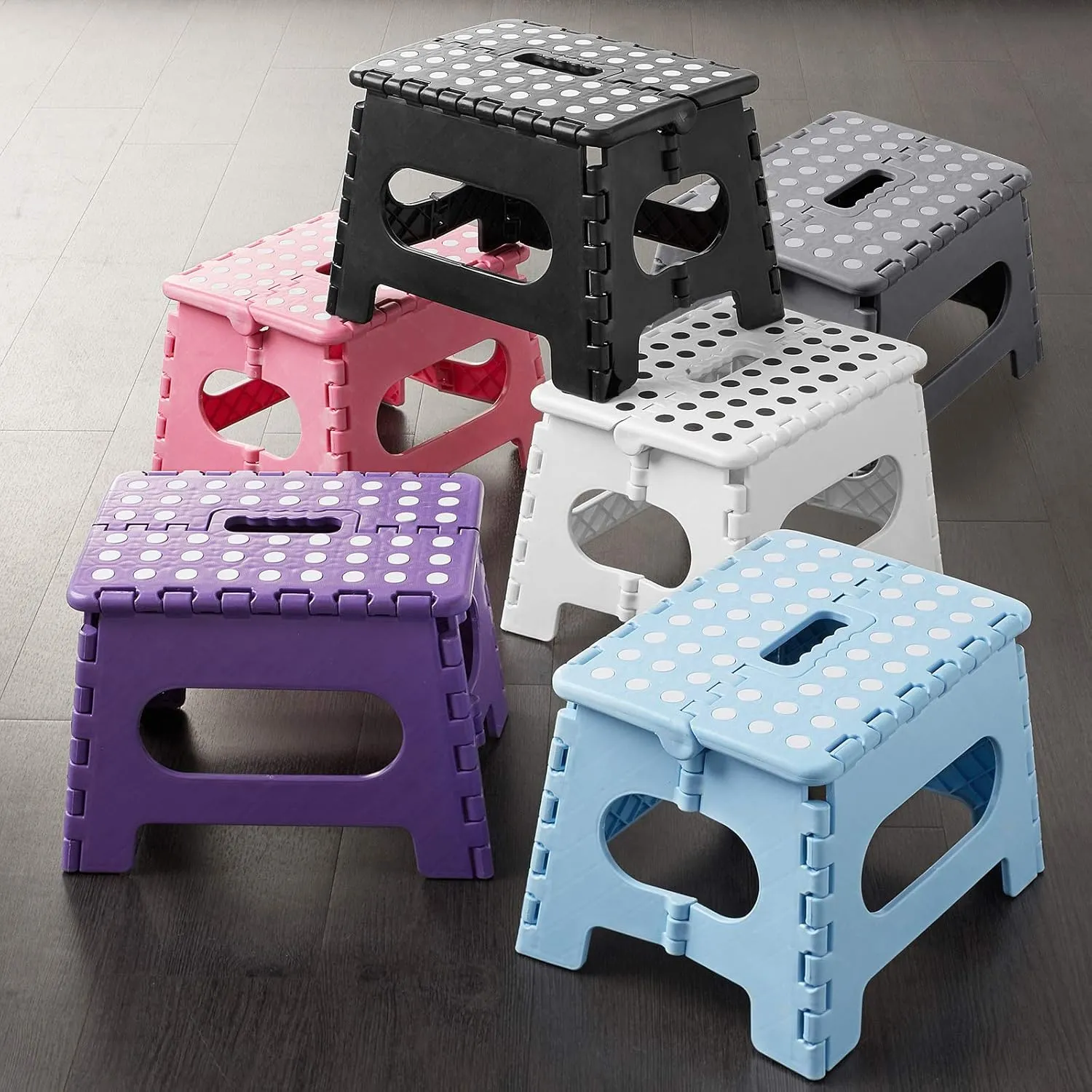 Casafield 9" Folding Step Stool with Handle, Blue - Portable Collapsible Small Plastic Foot Stool for Kids and Adults - Use in The Kitchen, Bathroom and Bedroom
