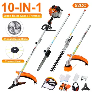 CASEMIOL 10 in 1 Weed Eater Grass Trimmer, Multi-Functional String Trimmer with Gas Pole Saw/Weed Trimmer/Brush Cutter/Protection Tools, for Quick Weed Grass Cleaning Crop Soil, 52 CC 2-Cycle