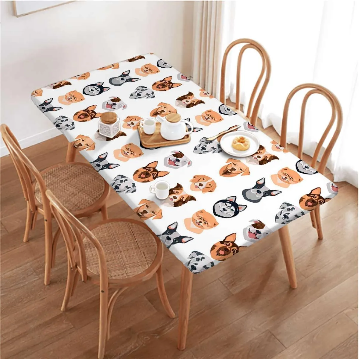 Charcoal Grey Gold Fitted Table Cover for Square Tables Cartoon Dog Faces Set Picnic Table Tablecloth Covers Set for Picnics Indoor and Outdoor Dining Animals Pattern Fits up 5 Foot Tables