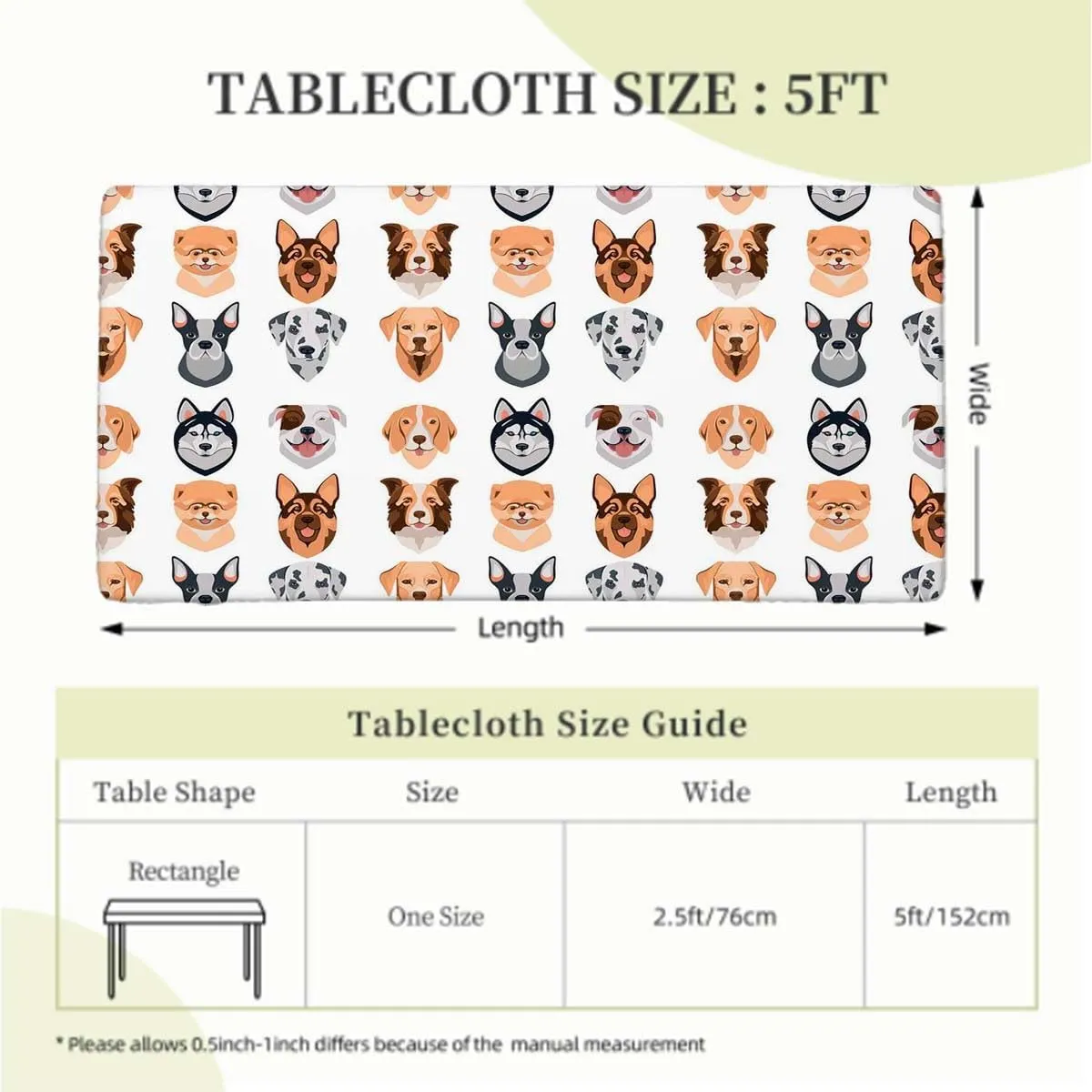 Charcoal Grey Gold Fitted Table Cover for Square Tables Cartoon Dog Faces Set Picnic Table Tablecloth Covers Set for Picnics Indoor and Outdoor Dining Animals Pattern Fits up 5 Foot Tables