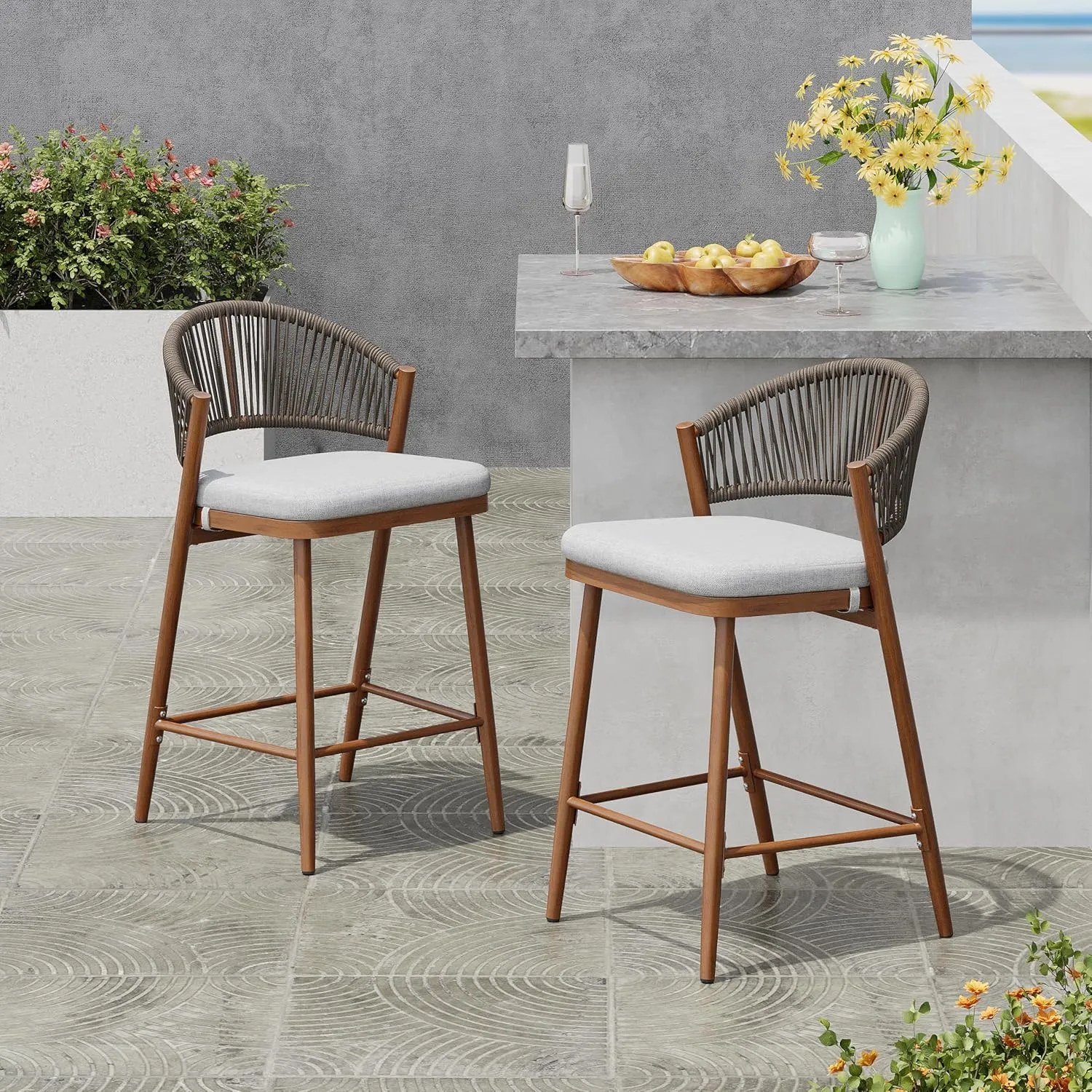 Christopher Knight Home Hearth 26.00" Patio Barstools Set of 2, Woven Wicker Counter Stool, Aluminum Frame Barstool, PE Rattan Scallop-Shape Backrest Woodlike Stool for Backyard Balcony Garden, Teak