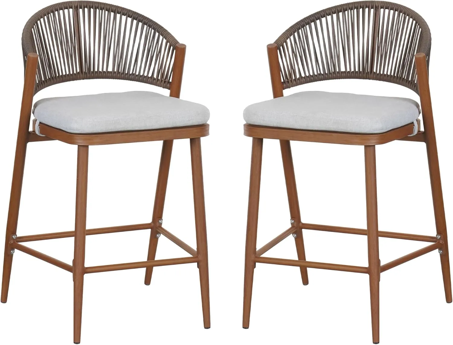 Christopher Knight Home Hearth 26.00" Patio Barstools Set of 2, Woven Wicker Counter Stool, Aluminum Frame Barstool, PE Rattan Scallop-Shape Backrest Woodlike Stool for Backyard Balcony Garden, Teak