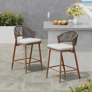 Christopher Knight Home Hearth 26.00" Patio Barstools Set of 2, Woven Wicker Counter Stool, Aluminum Frame Barstool, PE Rattan Scallop-Shape Backrest Woodlike Stool for Backyard Balcony Garden, Teak