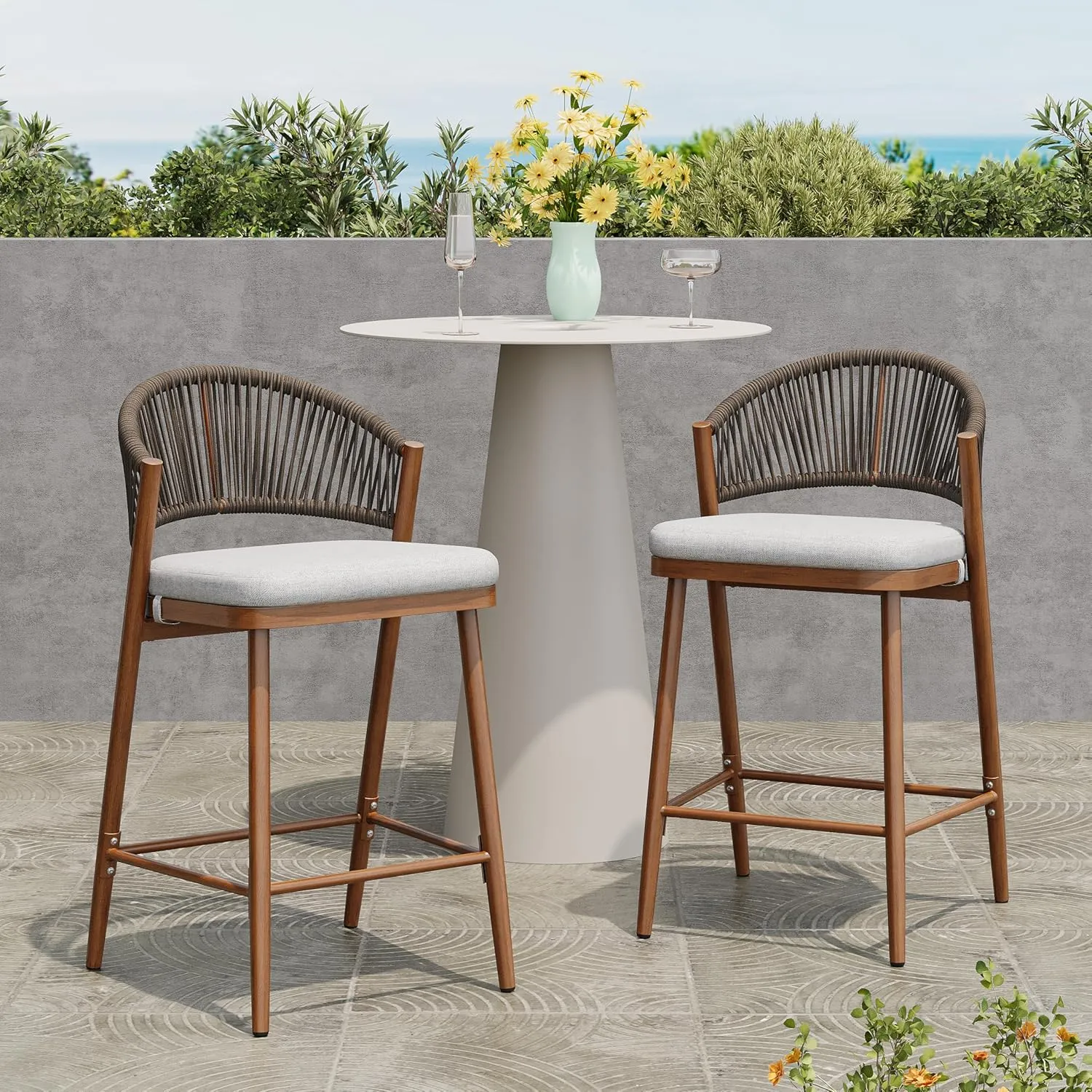 Christopher Knight Home Hearth 26.00" Patio Barstools Set of 2, Woven Wicker Counter Stool, Aluminum Frame Barstool, PE Rattan Scallop-Shape Backrest Woodlike Stool for Backyard Balcony Garden, Teak