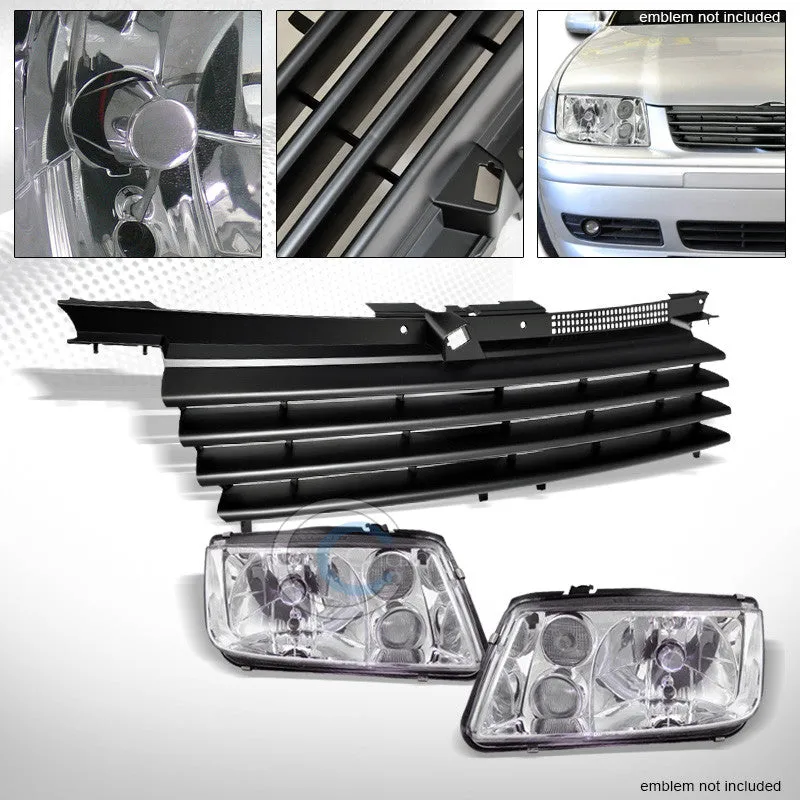 CHROME HEAD LIGHTS SIGNAL FOG MATTE BLK HORIZONTAL GRILL GRILLE 99-05 JETTA MK4