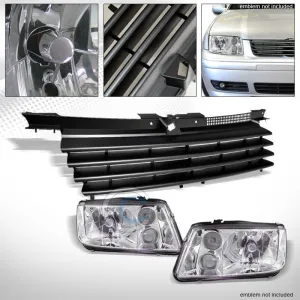 CHROME HEAD LIGHTS SIGNAL FOG MATTE BLK HORIZONTAL GRILL GRILLE 99-05 JETTA MK4