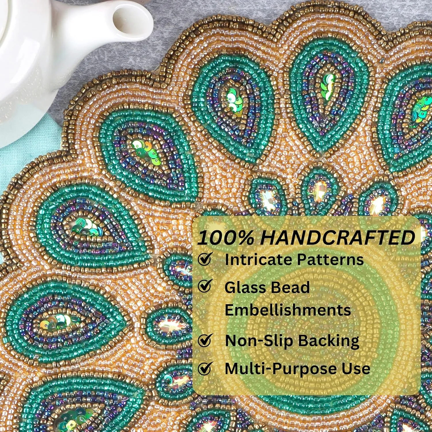 CLEENTABLE - 13" Round Beaded Table Mat – Elegant Glass Bead & Polyester Charger Plate for Dining & Coffee Tables, Non-Slip, Stain-Resistant, Perfect for Home & Special Occasions