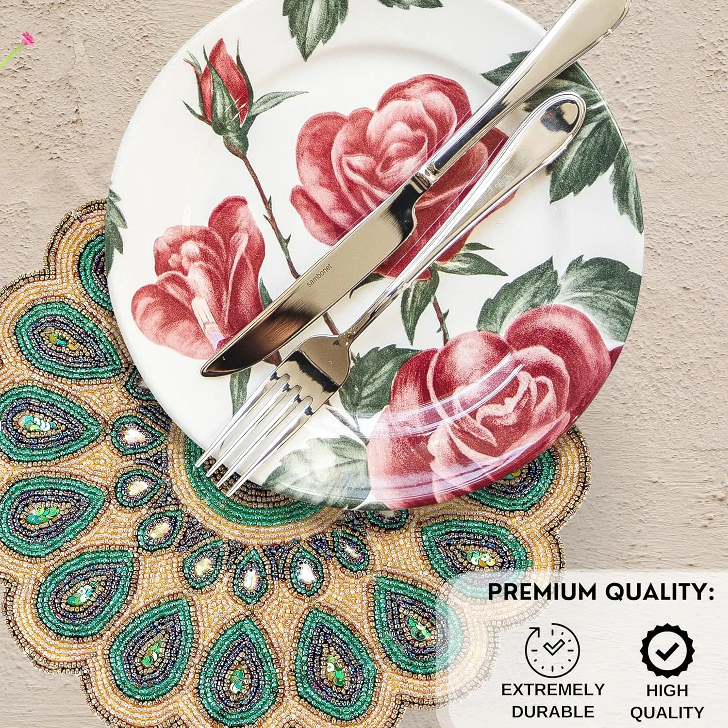CLEENTABLE - 13" Round Beaded Table Mat – Elegant Glass Bead & Polyester Charger Plate for Dining & Coffee Tables, Non-Slip, Stain-Resistant, Perfect for Home & Special Occasions