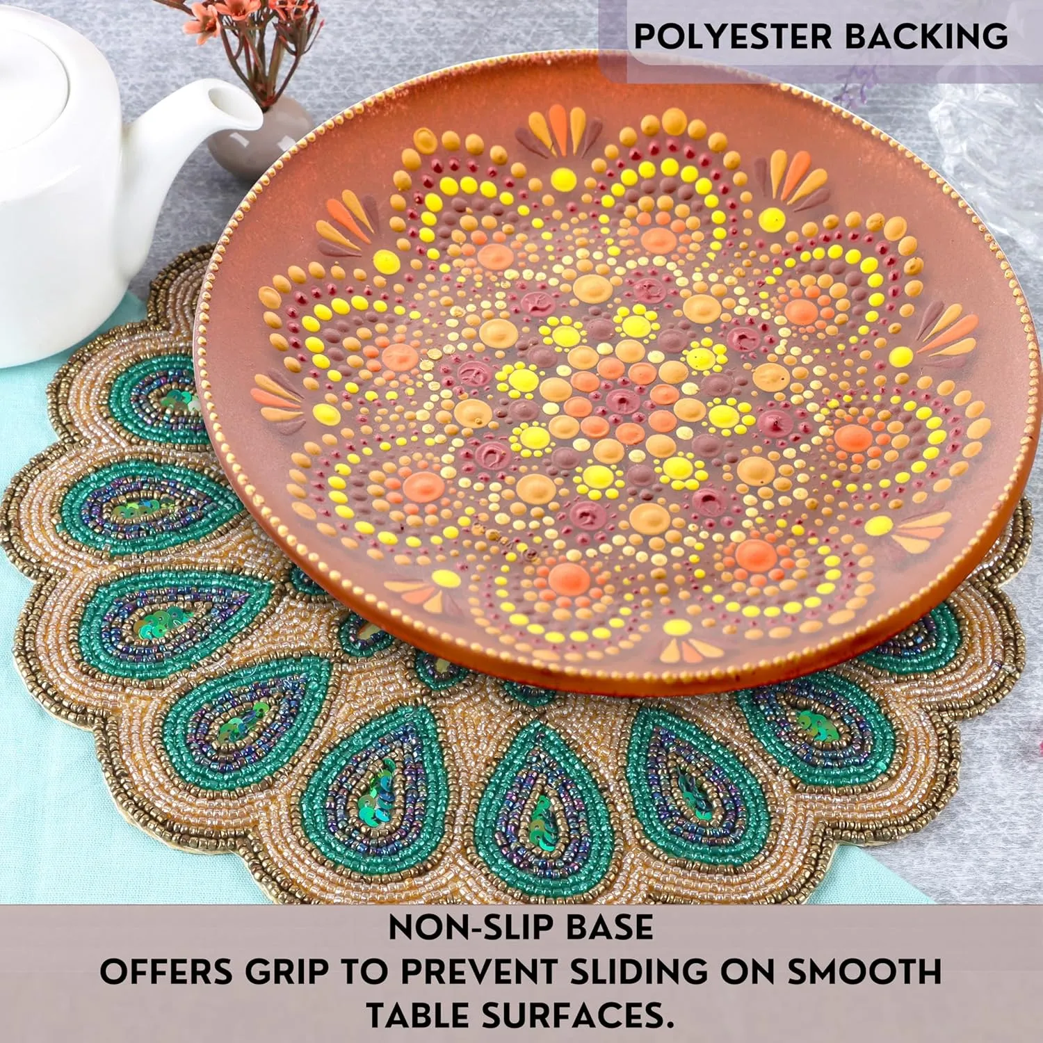 CLEENTABLE - 13" Round Beaded Table Mat – Elegant Glass Bead & Polyester Charger Plate for Dining & Coffee Tables, Non-Slip, Stain-Resistant, Perfect for Home & Special Occasions