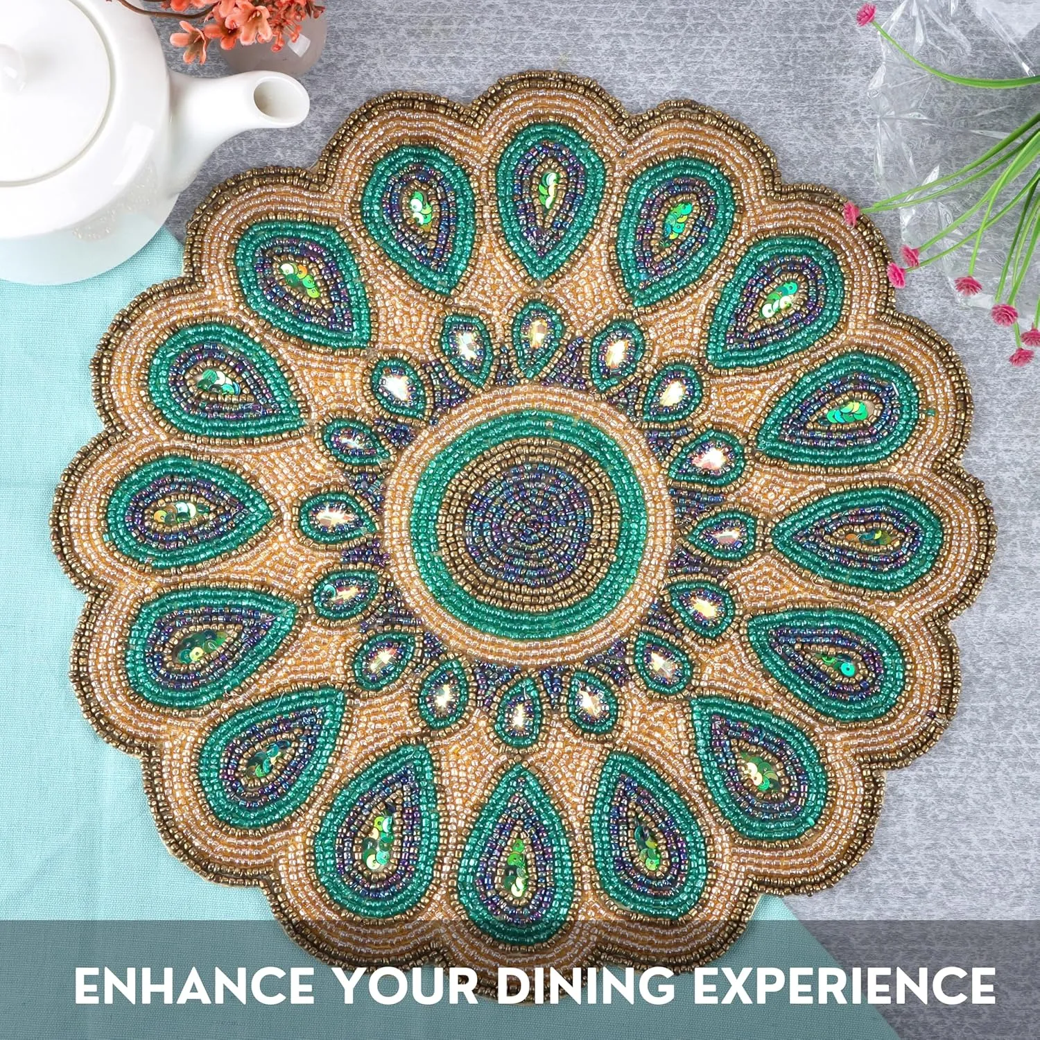 CLEENTABLE - 13" Round Beaded Table Mat – Elegant Glass Bead & Polyester Charger Plate for Dining & Coffee Tables, Non-Slip, Stain-Resistant, Perfect for Home & Special Occasions