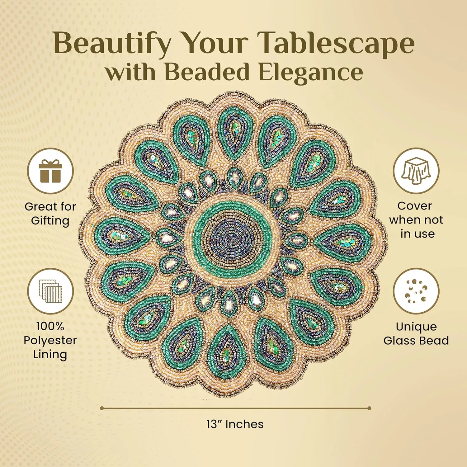 CLEENTABLE - 13" Round Beaded Table Mat – Elegant Glass Bead & Polyester Charger Plate for Dining & Coffee Tables, Non-Slip, Stain-Resistant, Perfect for Home & Special Occasions
