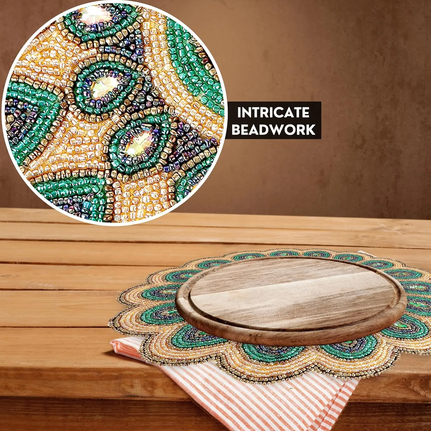 CLEENTABLE - 13" Round Beaded Table Mat – Elegant Glass Bead & Polyester Charger Plate for Dining & Coffee Tables, Non-Slip, Stain-Resistant, Perfect for Home & Special Occasions