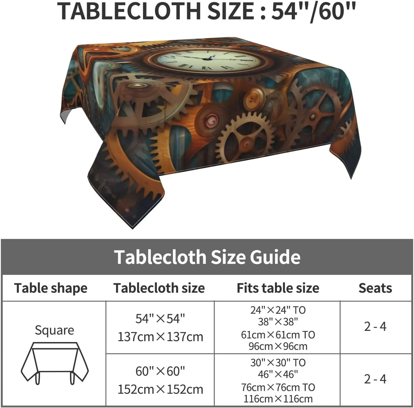 Clocks and Gears Printed Square Tablecloth, Waterproof Table Cloth Wipeable Table Cover for Home Kitchen Dining Party Indoor and Outdoor 54"X54"