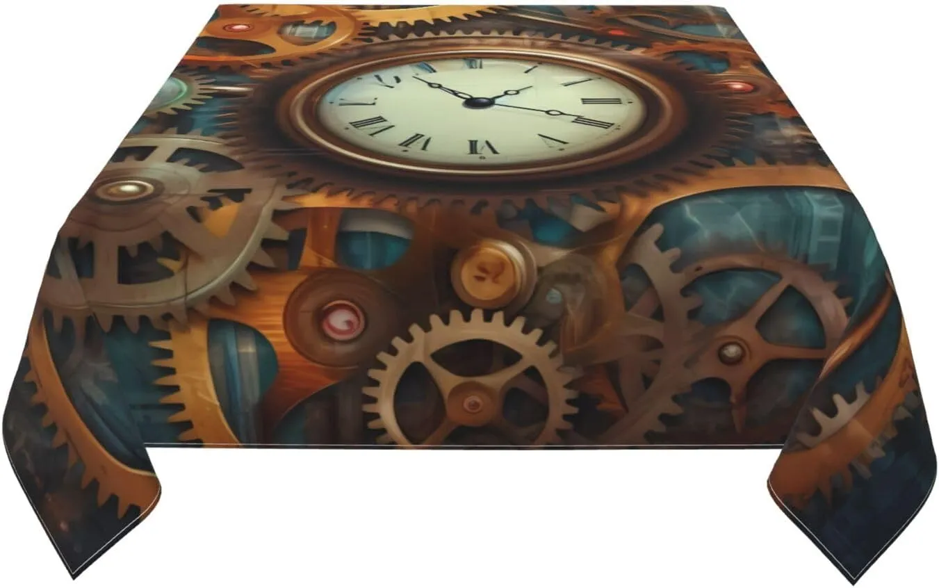 Clocks and Gears Printed Square Tablecloth, Waterproof Table Cloth Wipeable Table Cover for Home Kitchen Dining Party Indoor and Outdoor 54"X54"